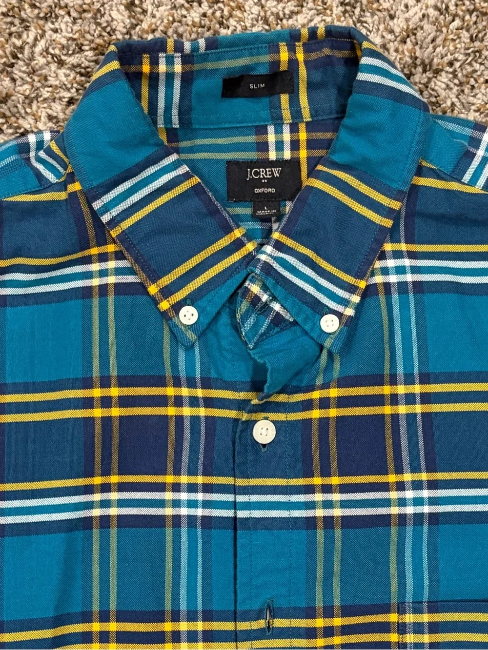 J. Crew Teal and Navy Plaid Button-Down Shirt with Yellow Accents